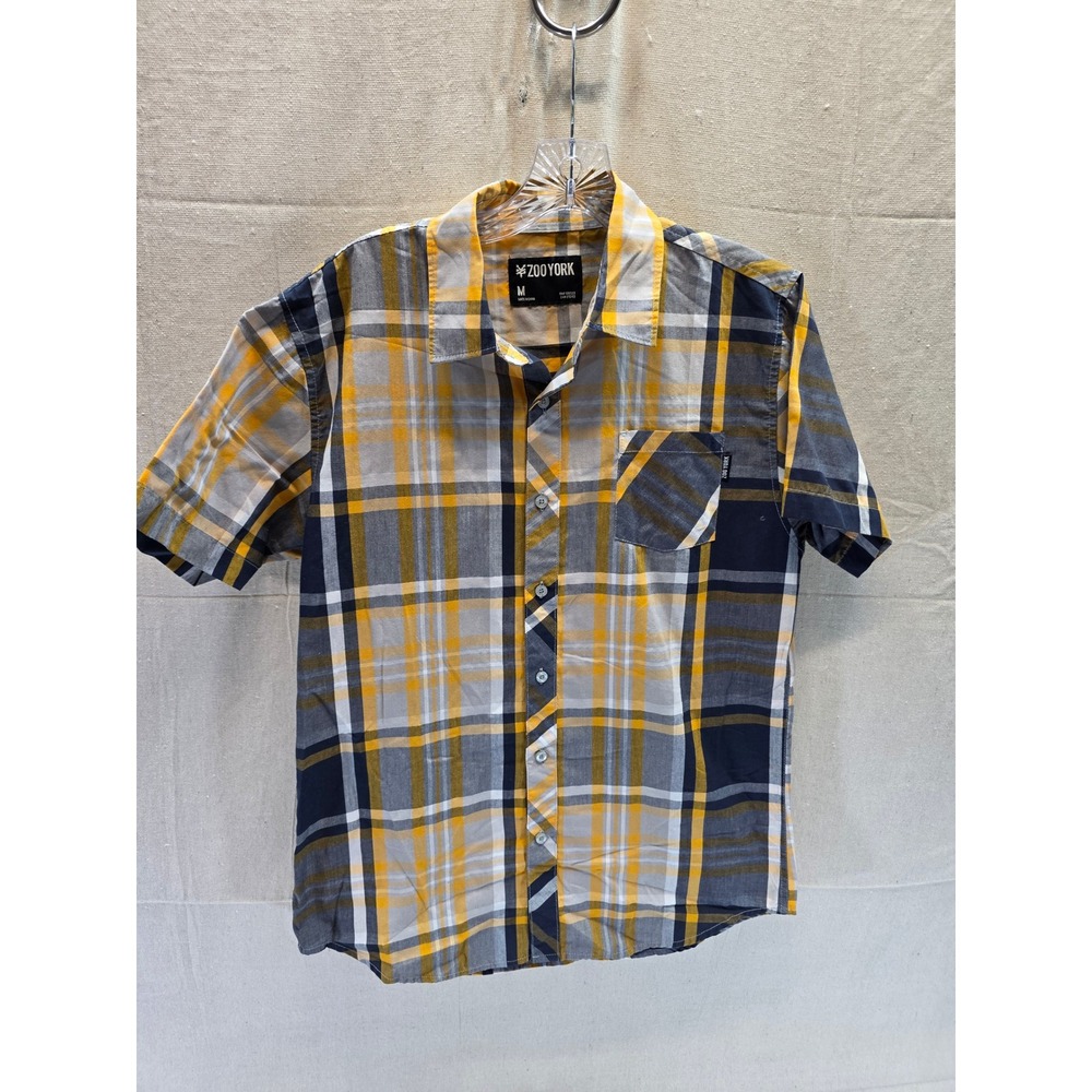 Zoo York Mens Yellow Navy Plaid Short Sleeve Button Down Shirt Size Medium 2083